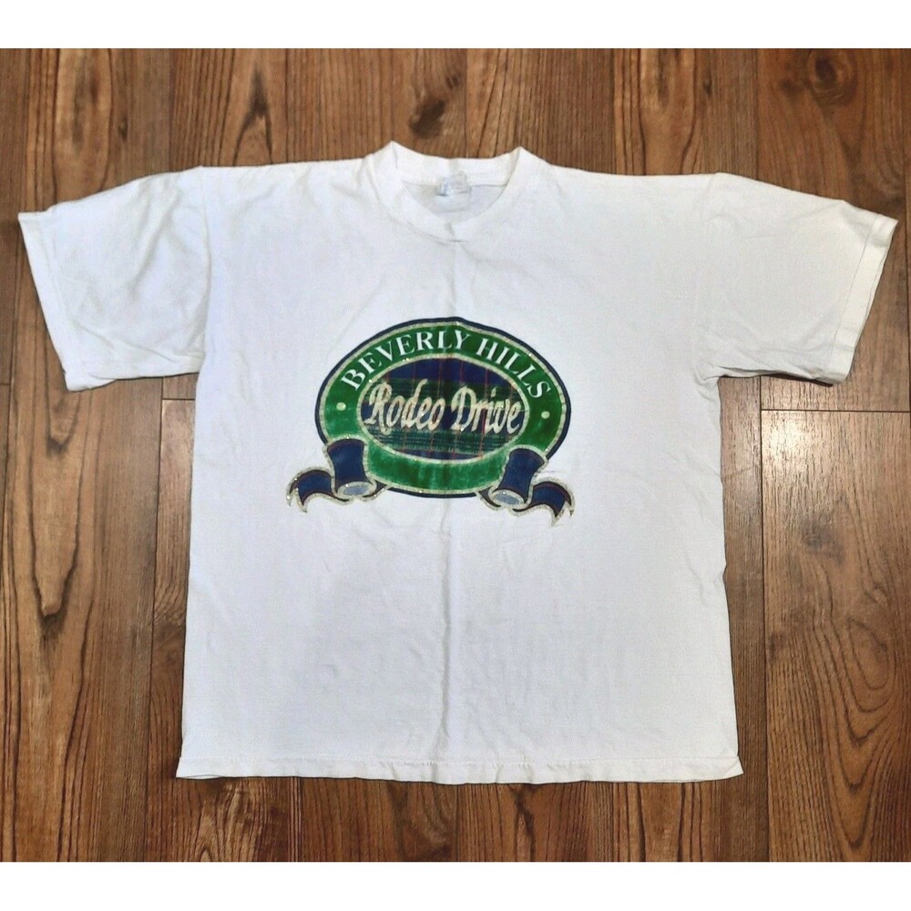 Vtg 90s Beverly Hills Rodeo Drive Single Stitch White Green Graphic T-Shirt Sz L